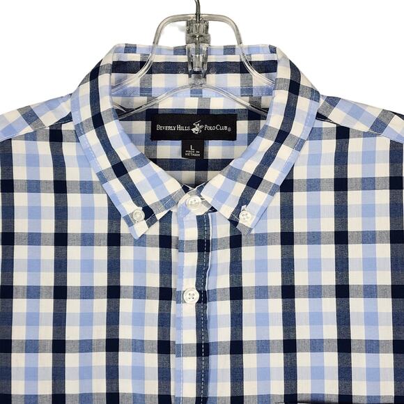 Beverly Hills Polo Club Men's Shirt Short Sleeve Button Up Blue White Check Lrg - Picture 1 of 12